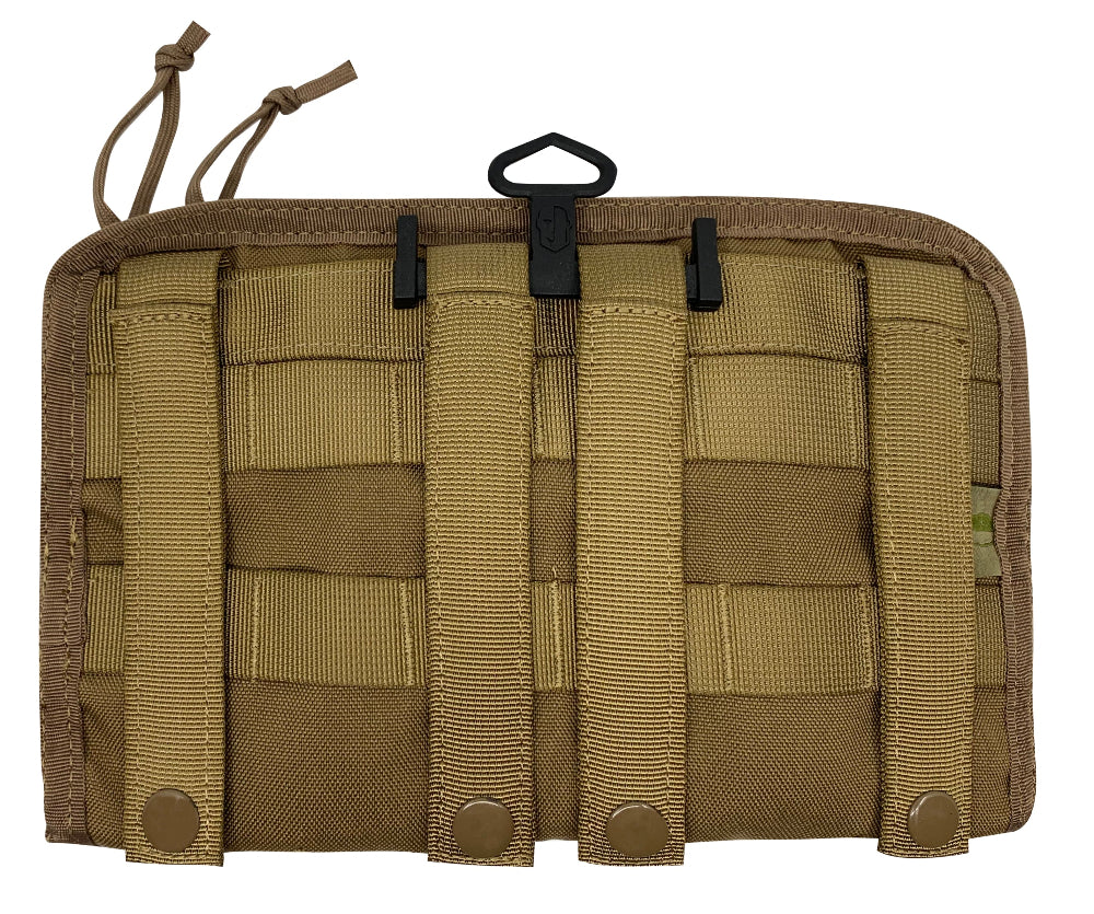 Tactical pouch with multiple pockets and straps on a white background