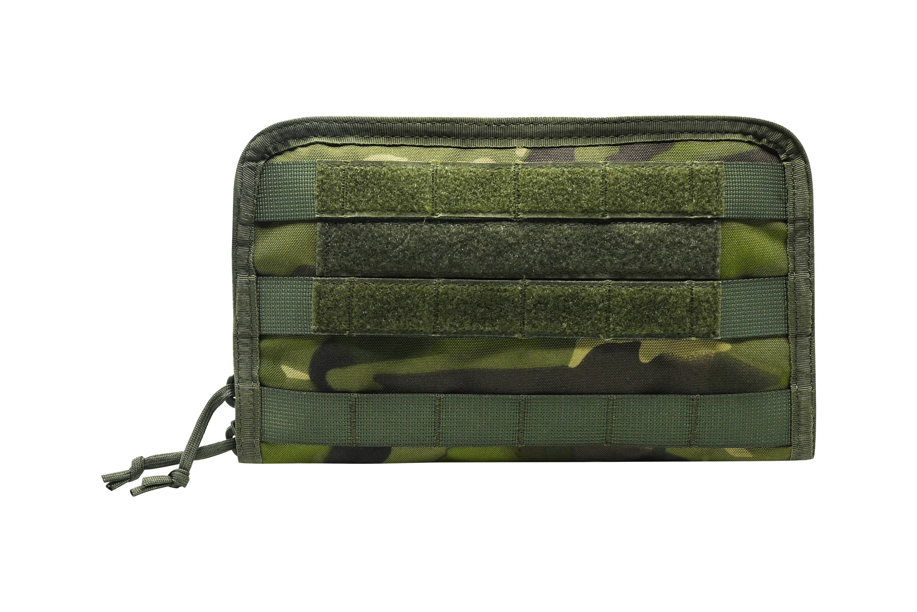 A Multicam Green map pouch with multiple compartments and a transparent sleeve, designed for carrying navigational items and maps.