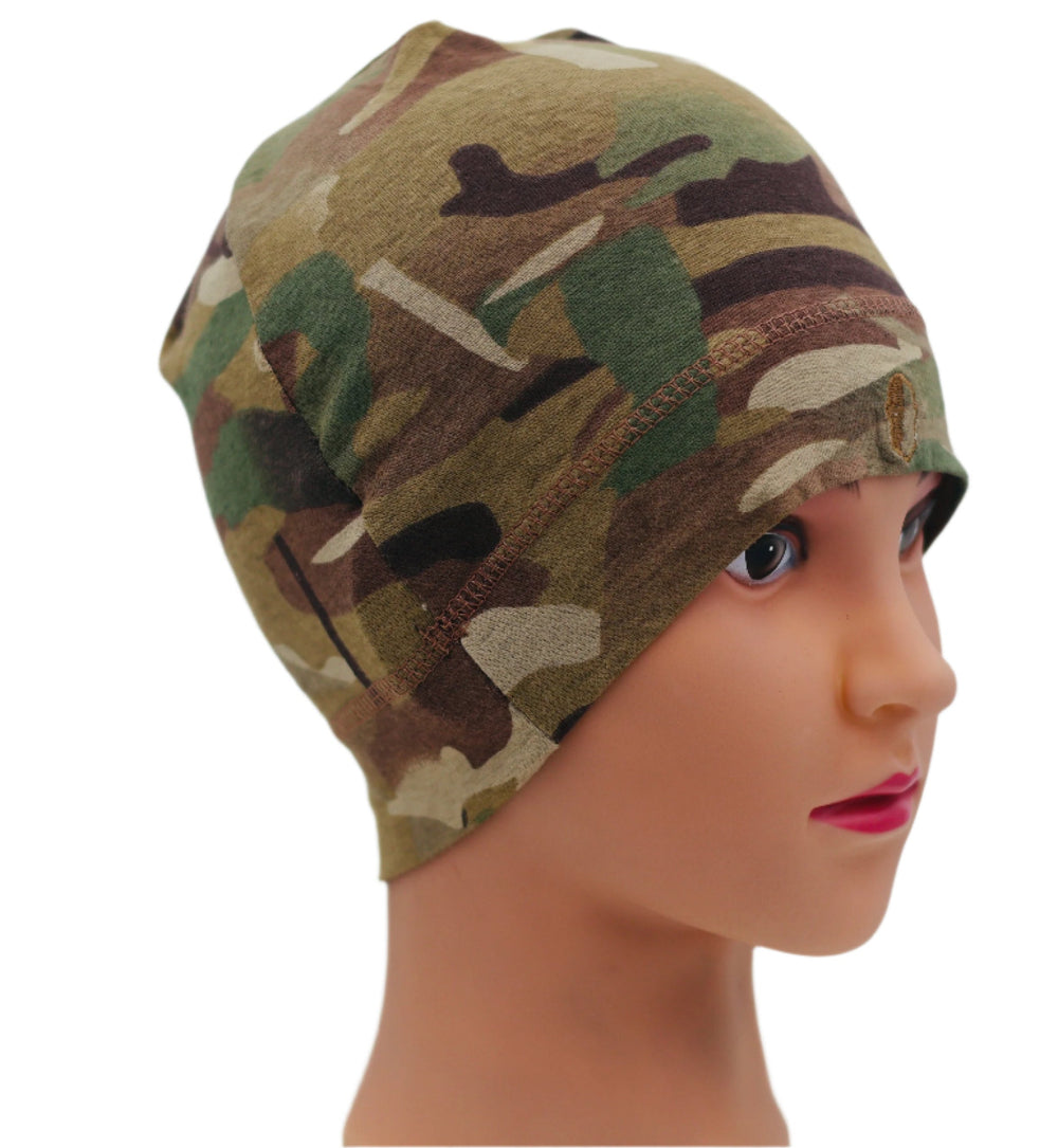 Multicam Camouflage Under helmet Beanie / beanie on a mannequin head against a white background