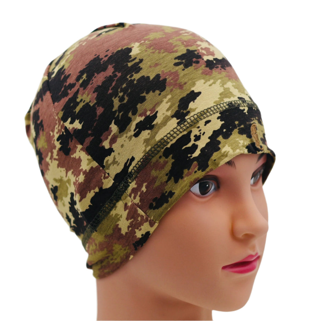 Italian Vegetato Camouflage Under helmet Beanie on a mannequin head against a white background.