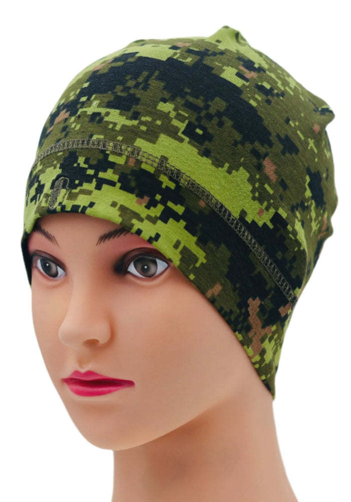 CADPAT / Estonian Camo under helmet beanie on a mannequin head against a white background