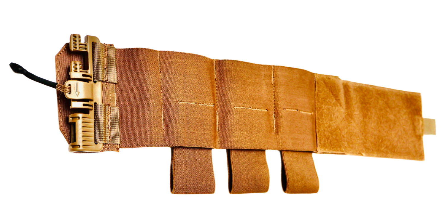 Brown Elastic belt with three Built in Magazine Pouches with gold Buckle on a white background.