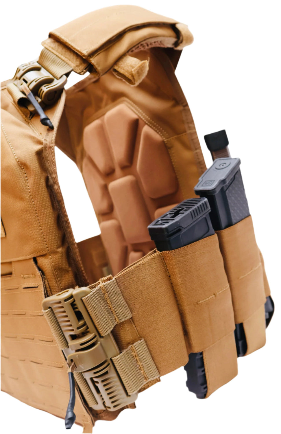 Tan tactical vest with black ammunition pouches on a white background