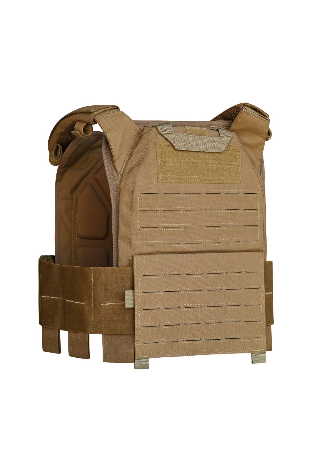 side view of QRB Buckle brown/Coyote/Sand tactical plate carrier vest with multiple pouches and padding.