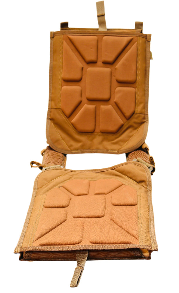 Tan tactical Vest 3D Padding seat with straps on a white background