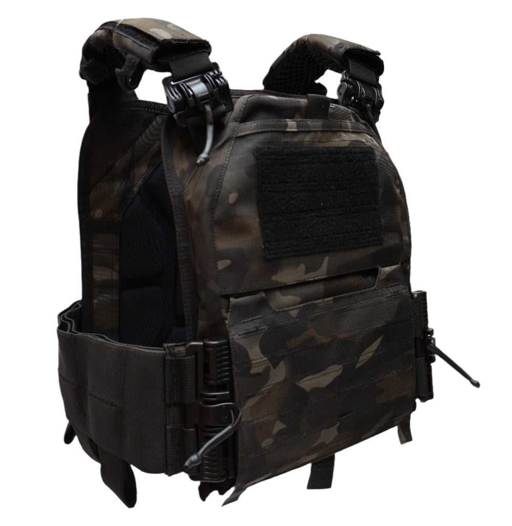 Multicam Black Camouflage QRB tactical vest on a white background.