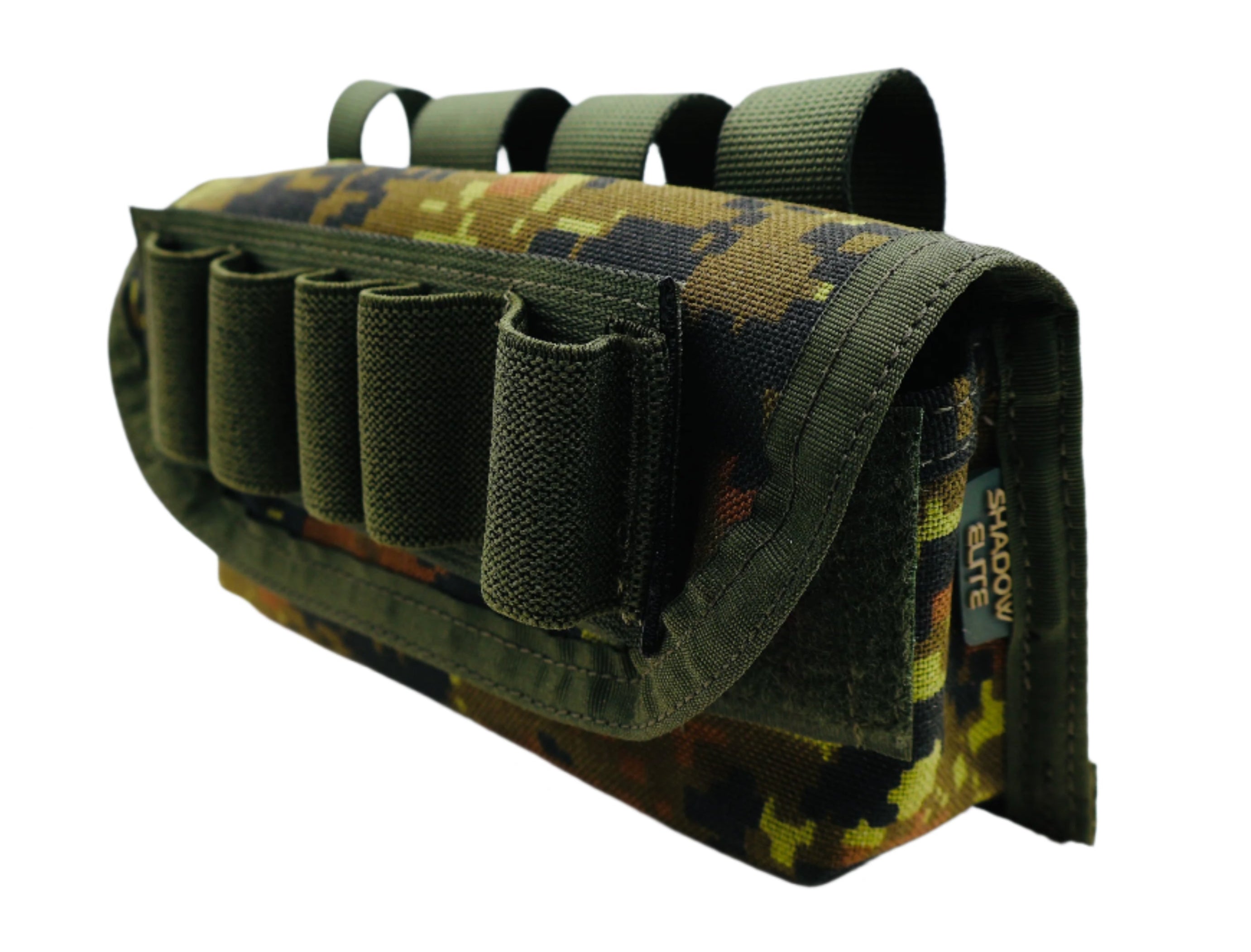 Camouflage tactical magazine pouch with multiple loops and Cheek Rizer on a white background