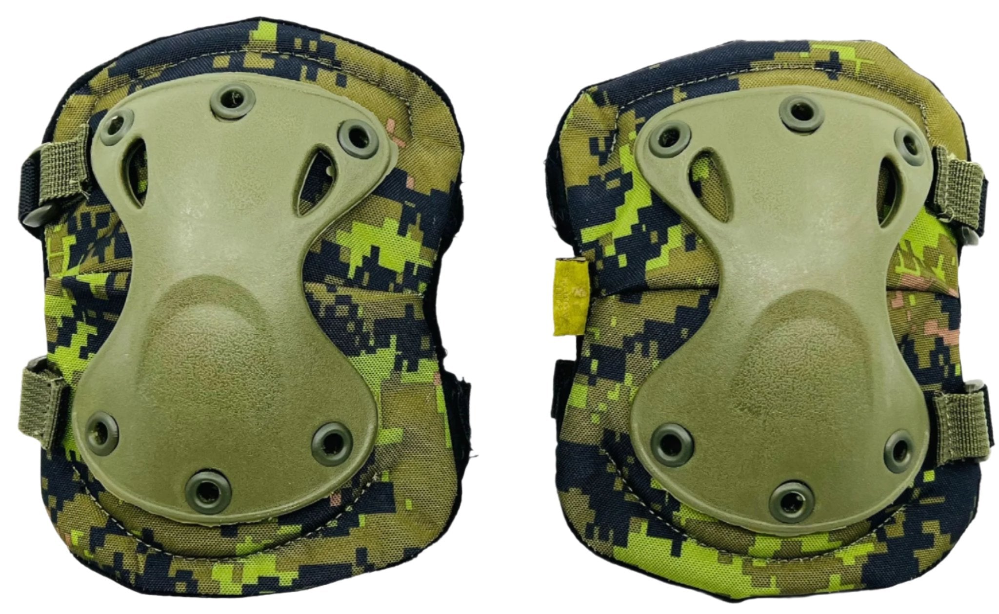 A pair of Woodland Digital/Estonian Camo camouflage patterned elbow pads with adjustable straps and quick-release clips.