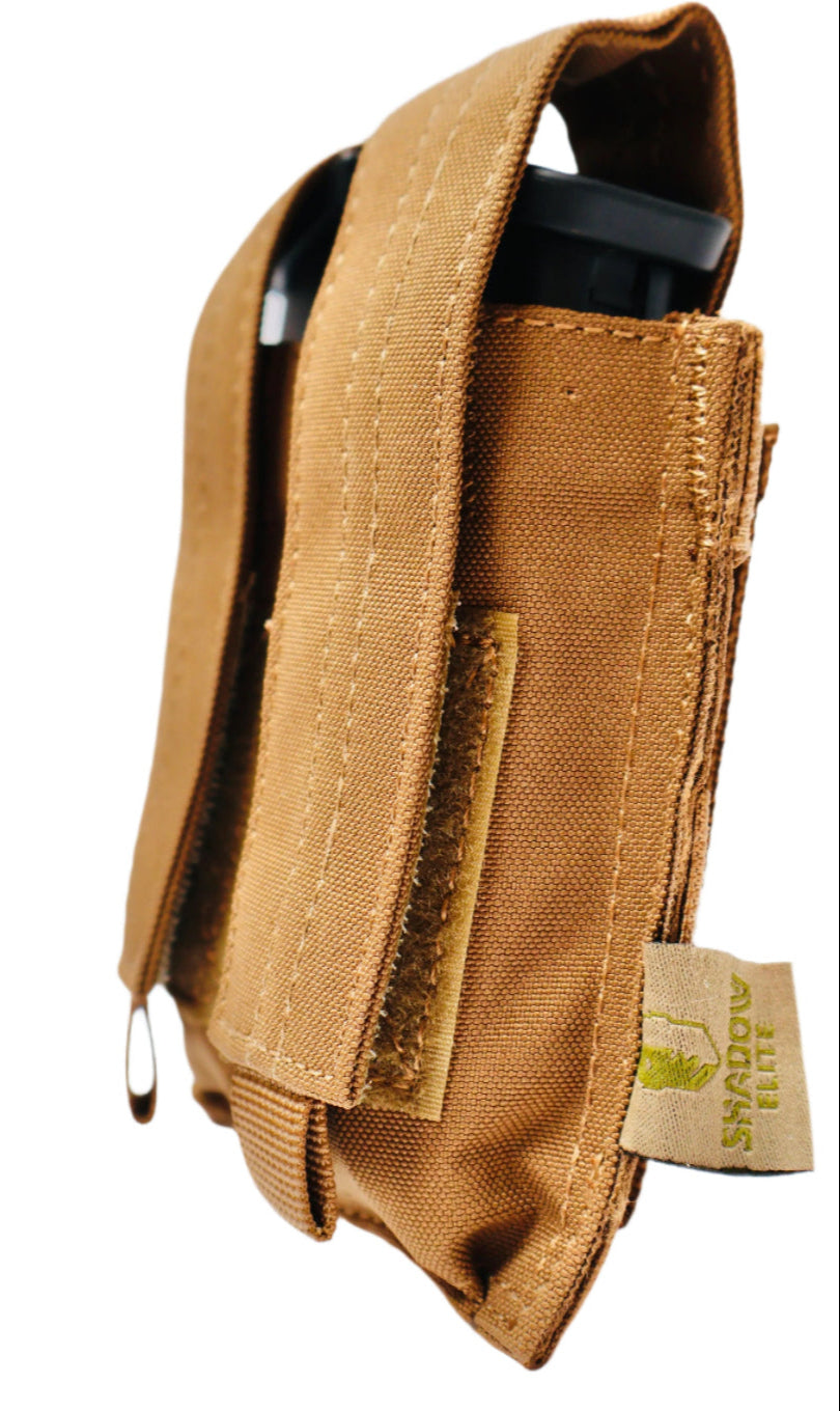 Brown tactical magazine pouch with a visible brand tag on a white background