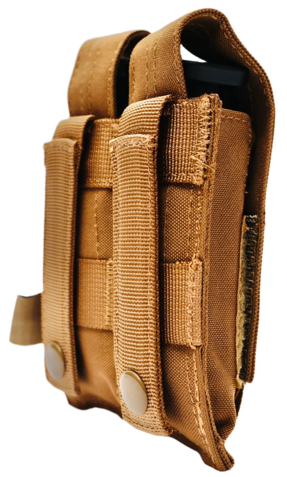 Brown tactical magazine pouch on a white background