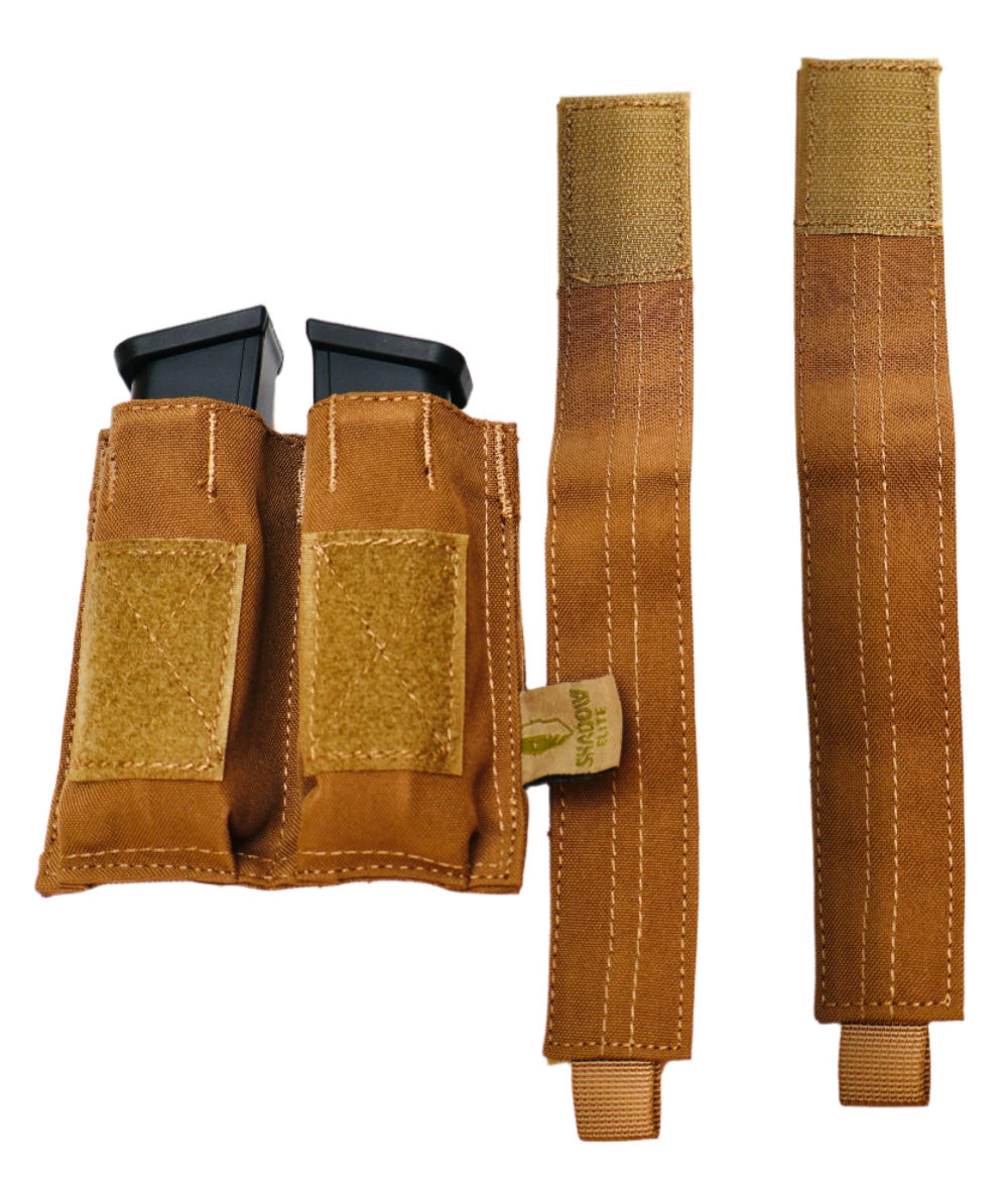 Brown tactical magazine pouch with straps on a white background