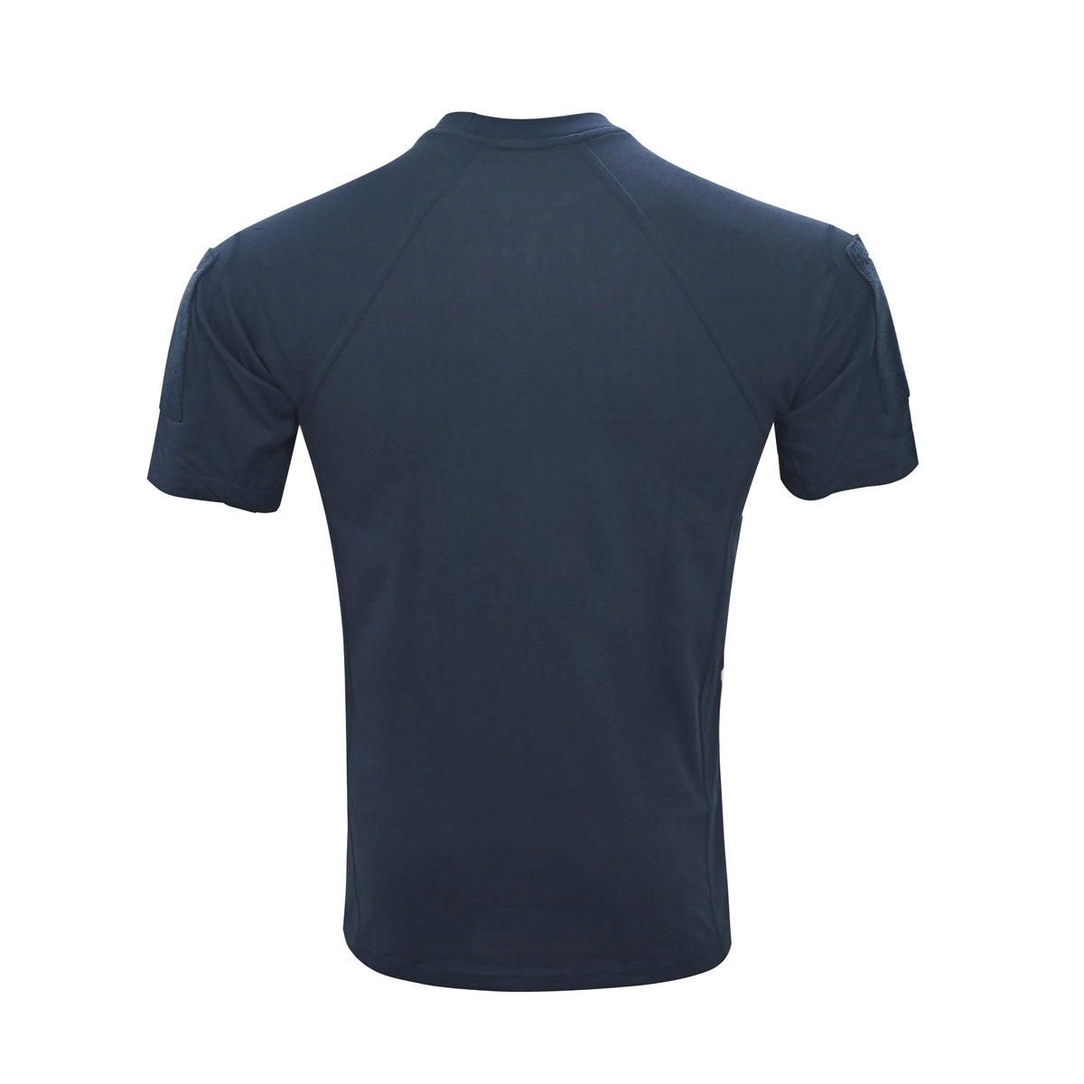 A dark navy blue short-sleeve athletic t-shirt shown from the back, displayed on a clean white background.