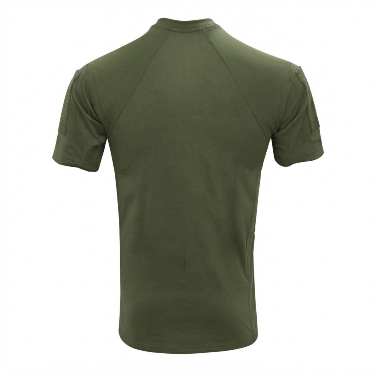 An olive green short-sleeve athletic t-shirt shown from the back, featuring a crew neck and raglan-style shoulder seams, on a solid white background.