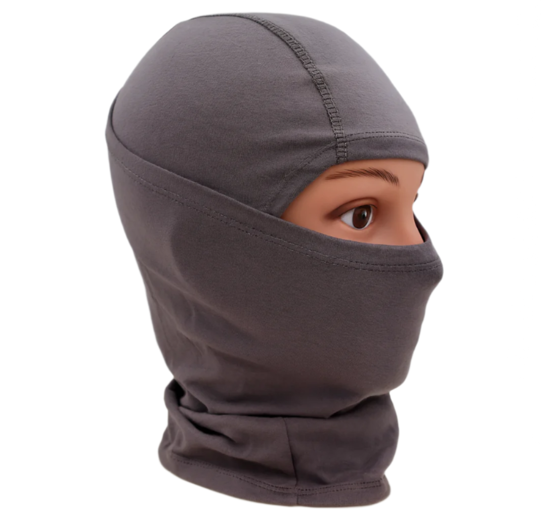 Gray balaclava worn by a person on a white background
