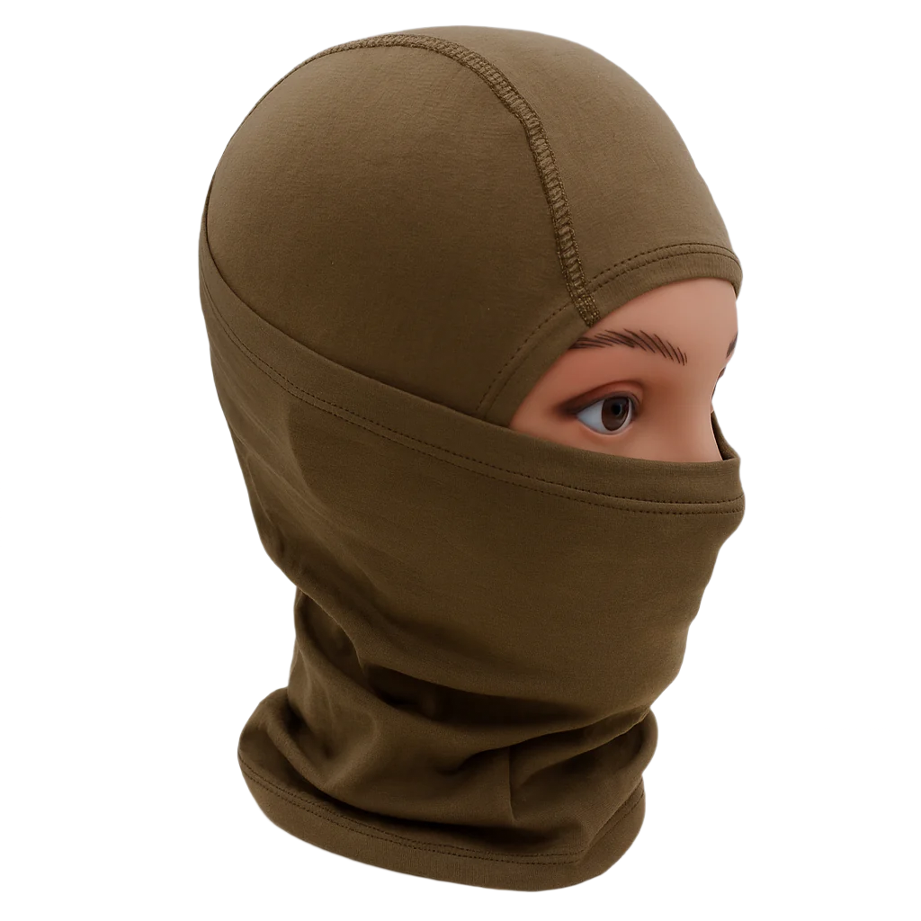 Ranger Green balaclava worn by a person on a white background