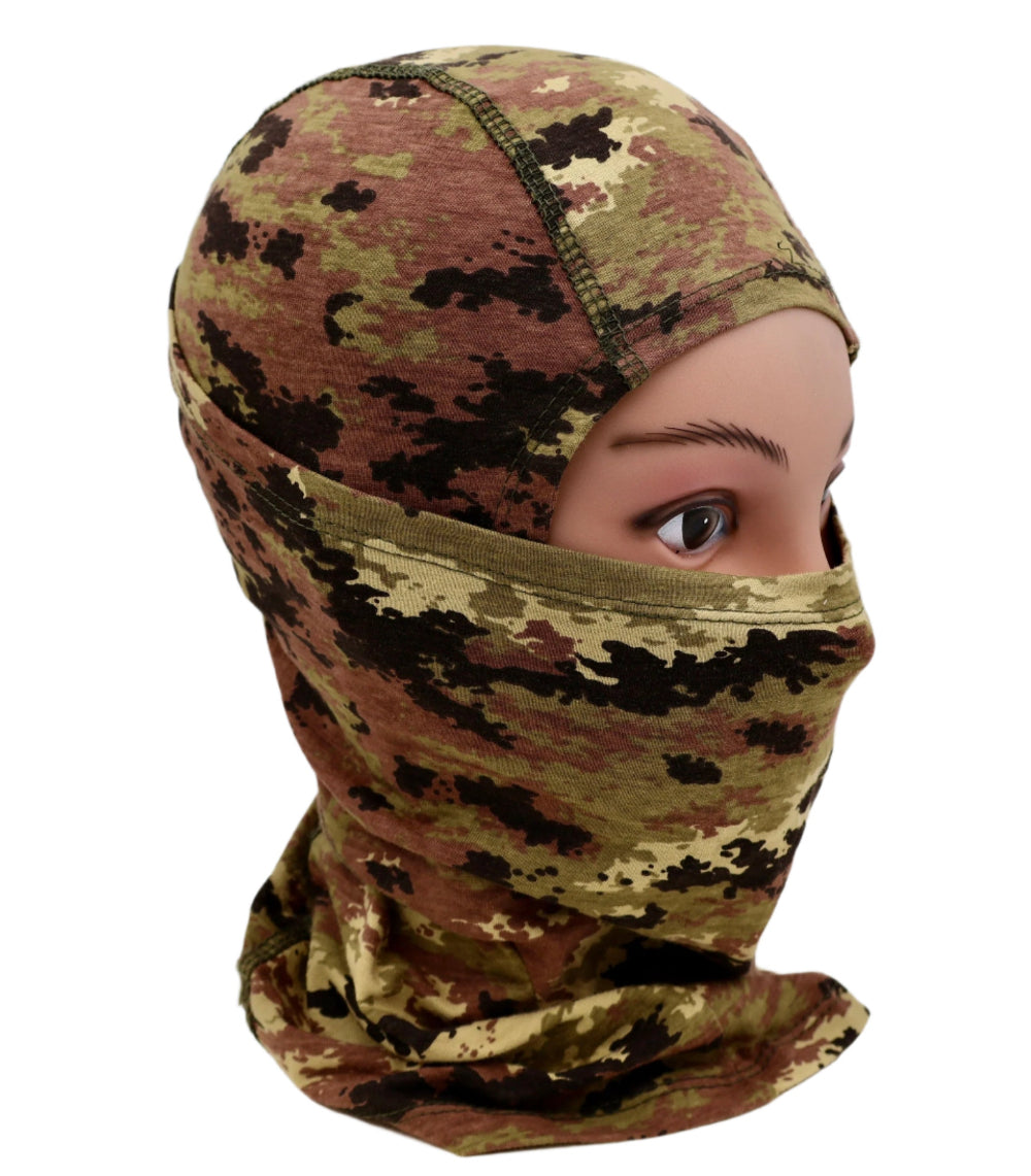 Italian Vegetato Camouflage balaclava worn by a person on a white background