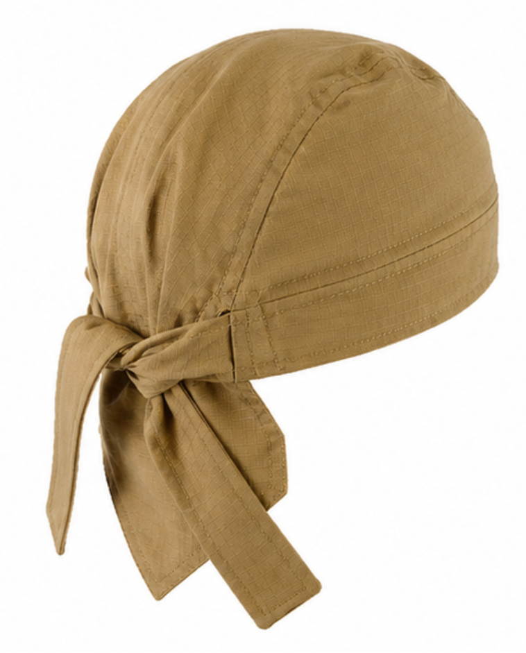 backside view of Coyote Brown Ripstop fabric Bandana headscarf with a knot on a white background.