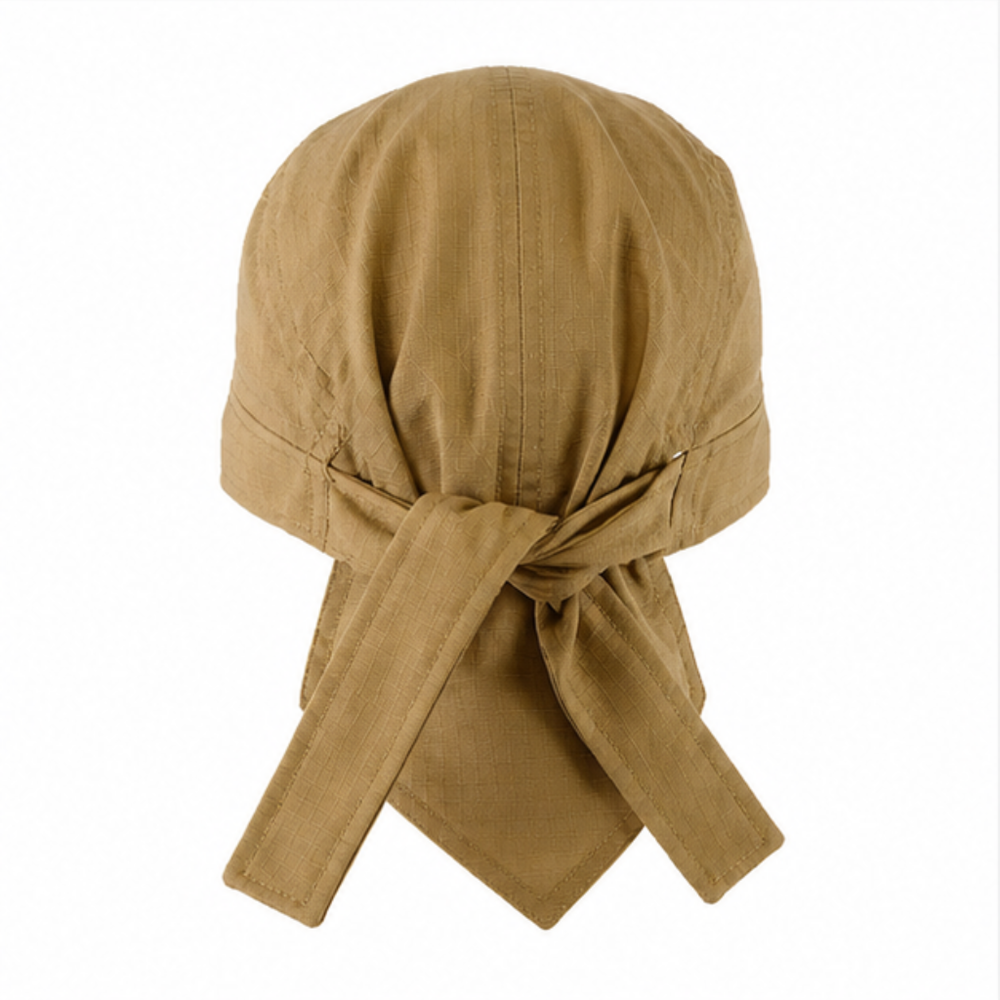 Backside view of Coyote Brown Ripstop fabric Bandana (Du RAG) headscarf with a knot on a white background