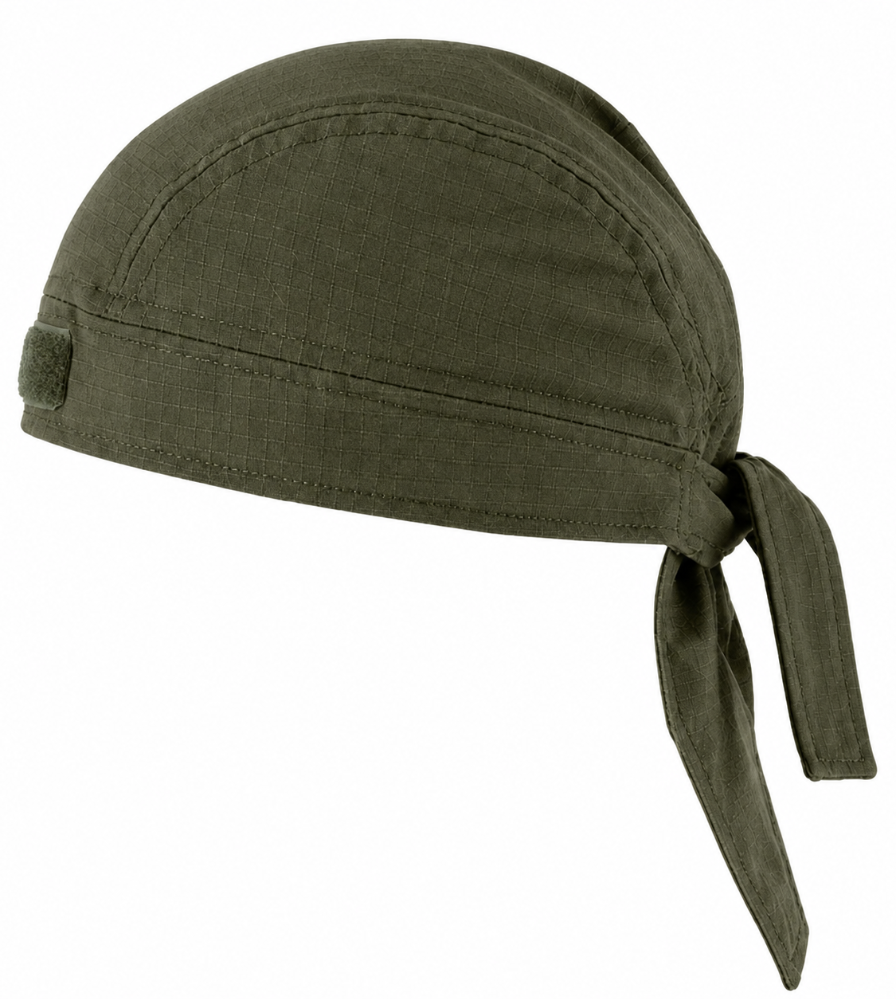 backside view of Ranger Green Ripstop fabric Bandana (Durag) headscarf with a knot on a white background.