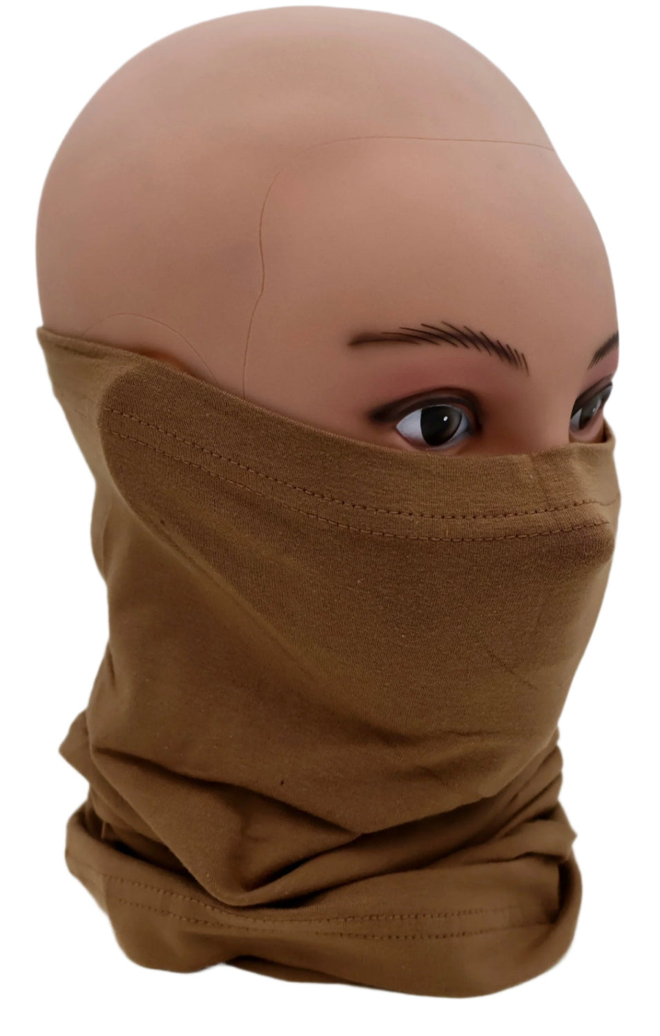 Brown balaclava worn by a mannequin head on a white background