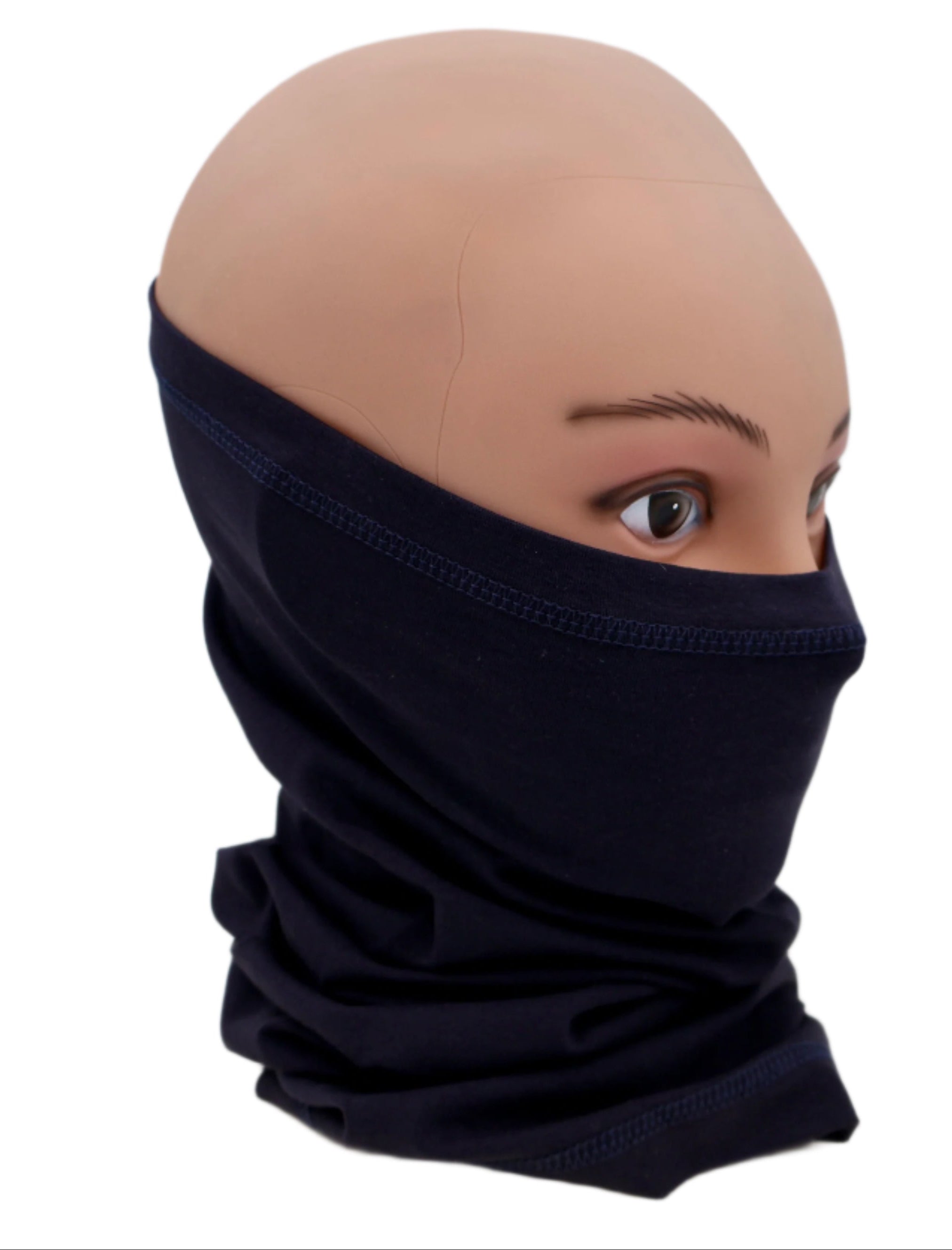 Navy Blue Neck gaiter worn by a mannequin head on a white background.