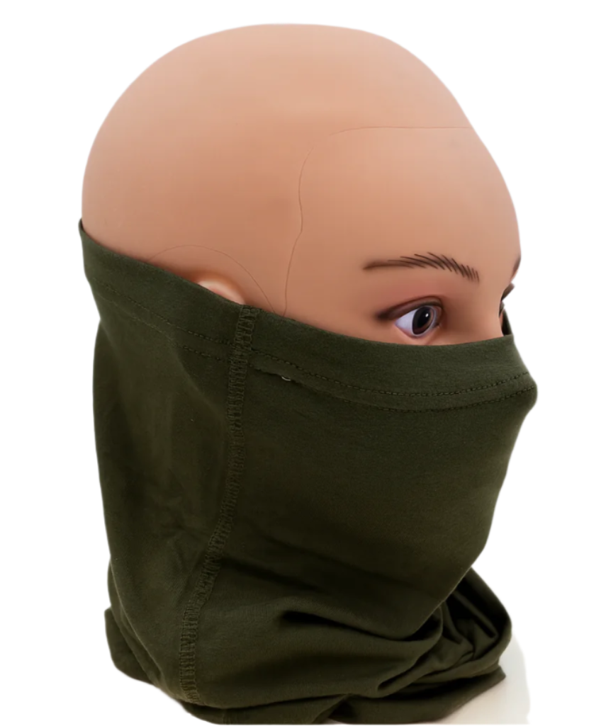 Mannequin head / Neck gaiter wearing an olive green balaclava against a light Grey background.