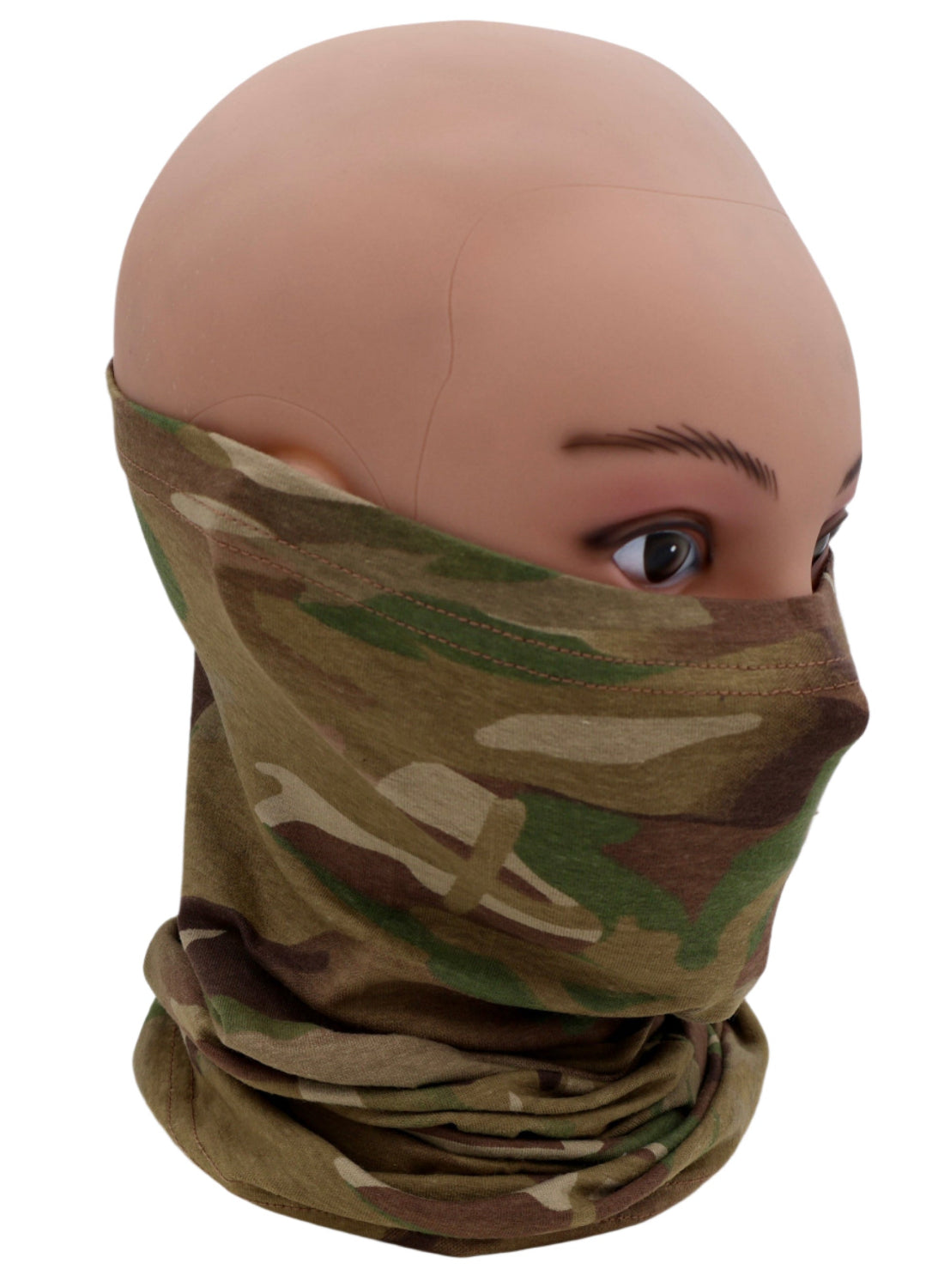 Multicam Camouflage face mask Neck gaiter on a mannequin head against a white background