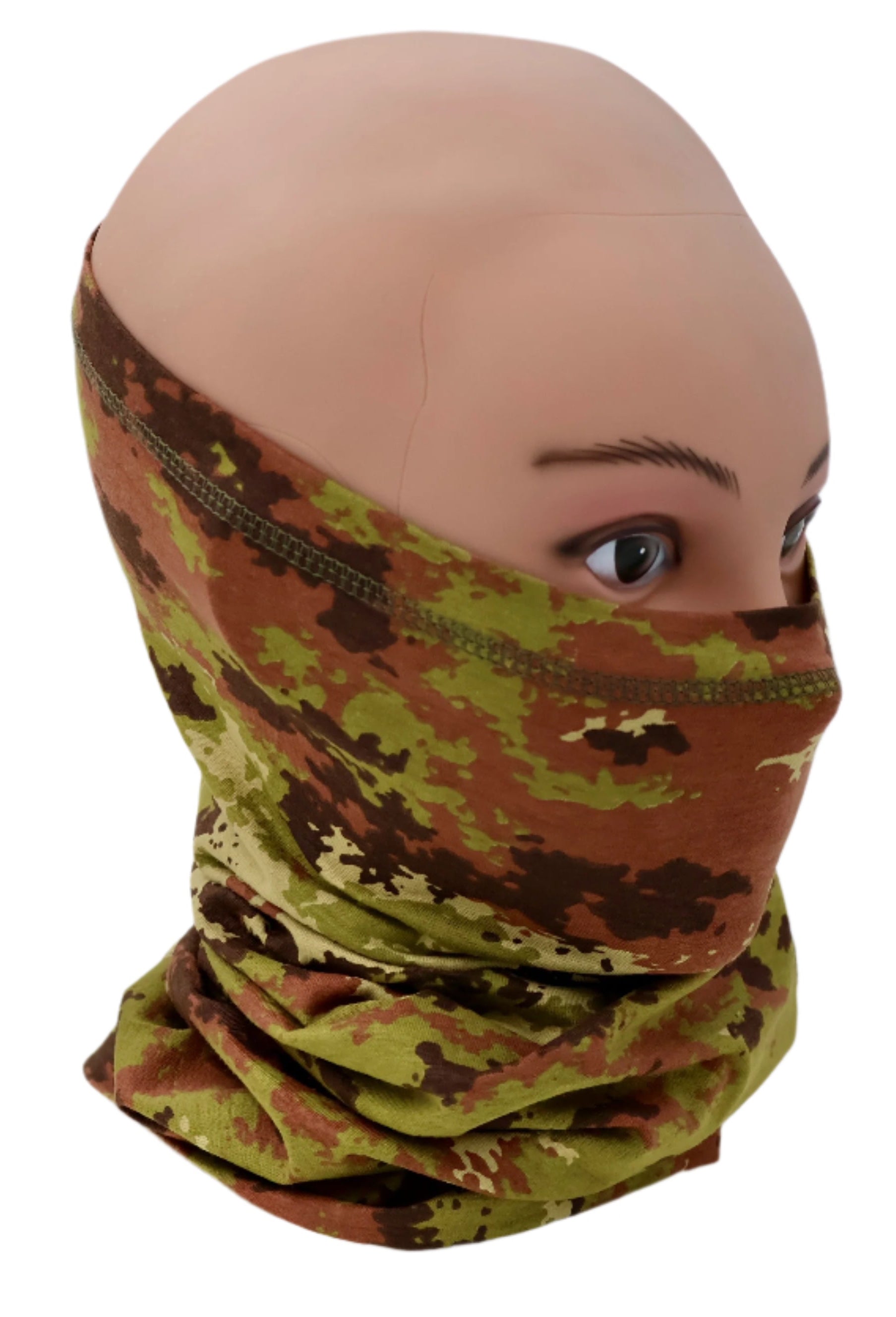 Italian Vegetato Camouflage neck gaiter worn by a mannequin head on a white background