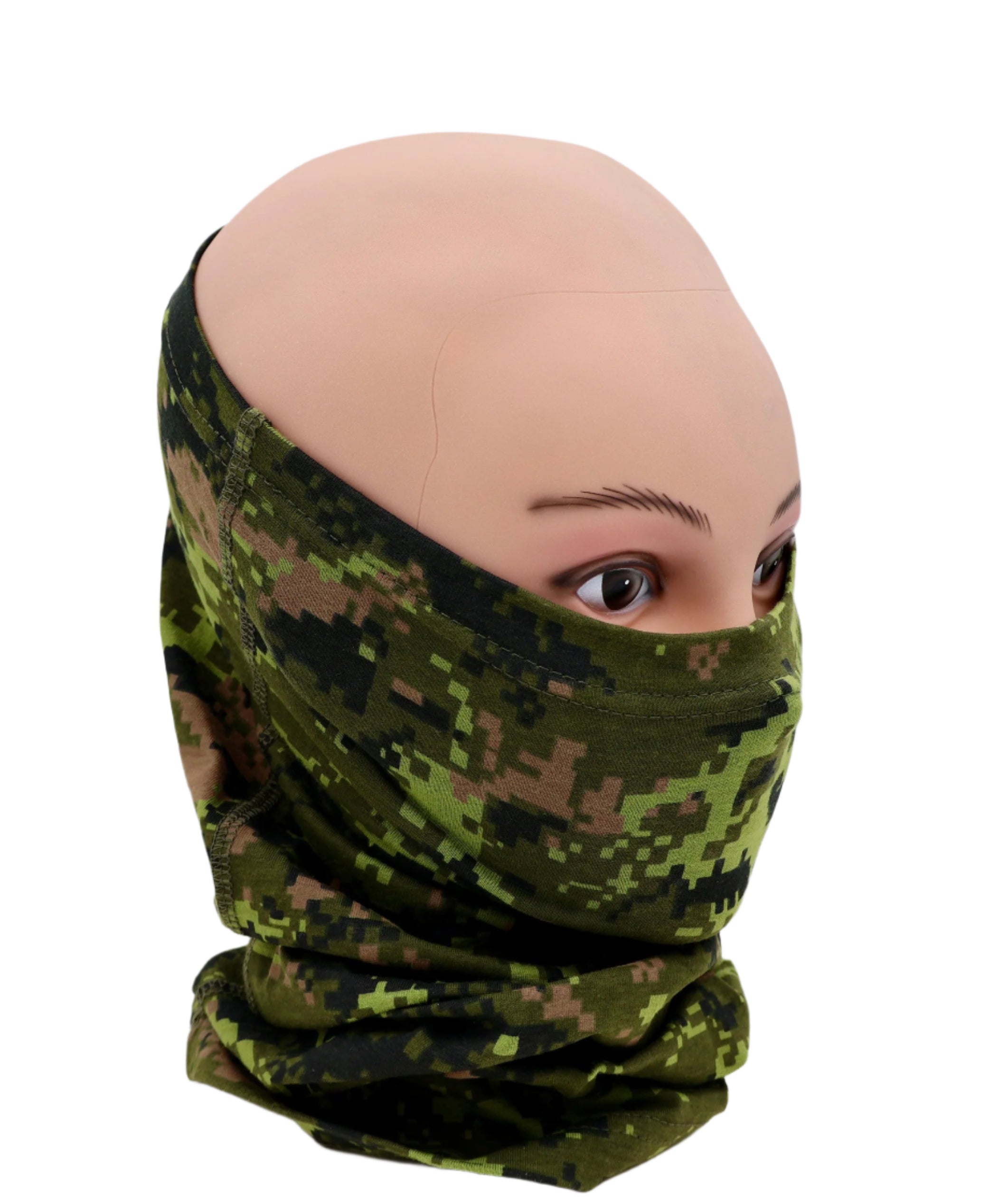 Estonian or CADPAT Camouflage face mask / Neck gaiter on a mannequin head against a white background