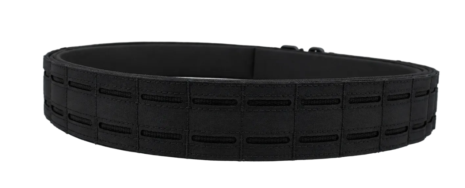 QR Buckle Duty Belt – Two-Belt System & MOLLE Platform Black belt on a stand against a white background.