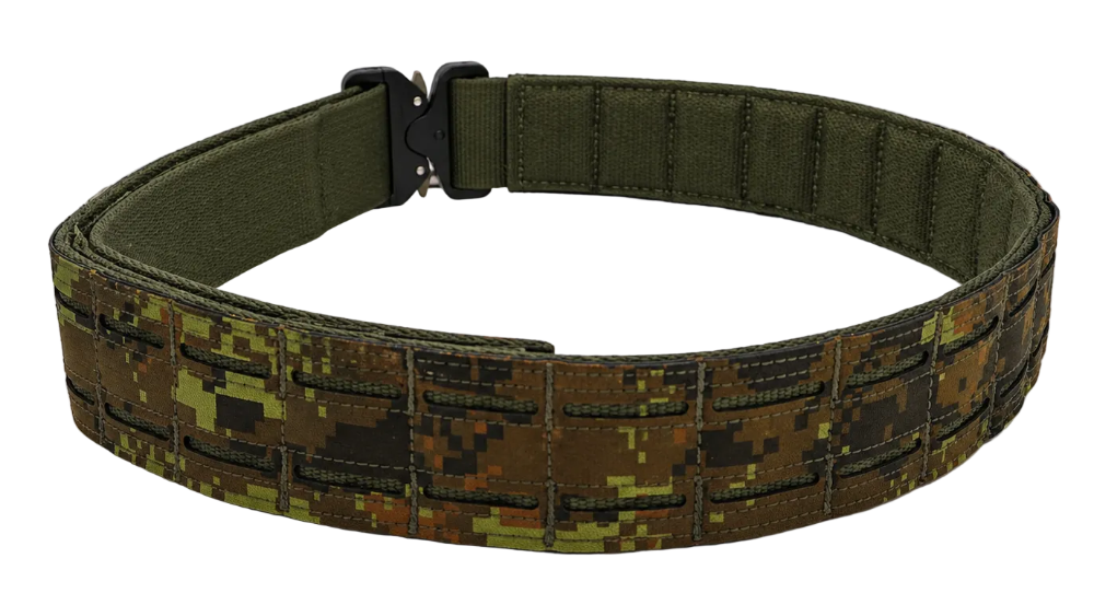 QR Buckle Duty Belt – Two-Belt System & MOLLE Platform CADPAT /Woodland Digital belt on a stand against a white background.