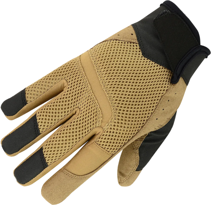Tan and black glove with mesh design on a white background