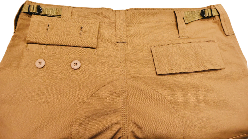 Tan pants with multiple pockets and button details on a white background
