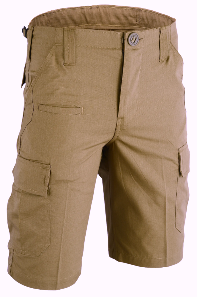 Tan cargo shorts with multiple pockets on a white background