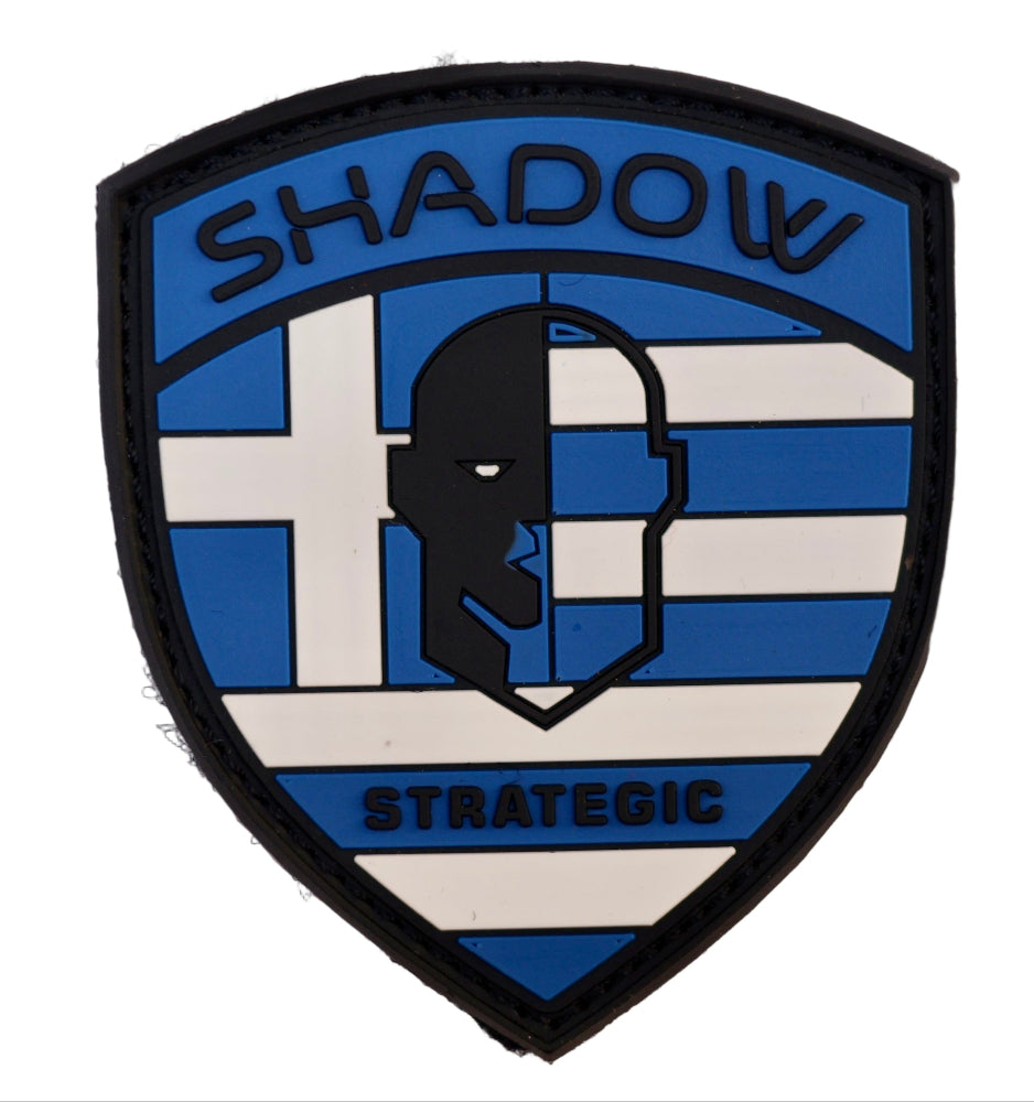 Greece Flag PVC Patch Shield-shaped patch with 'Shadow Strategic' text and Greek flag design on a white background