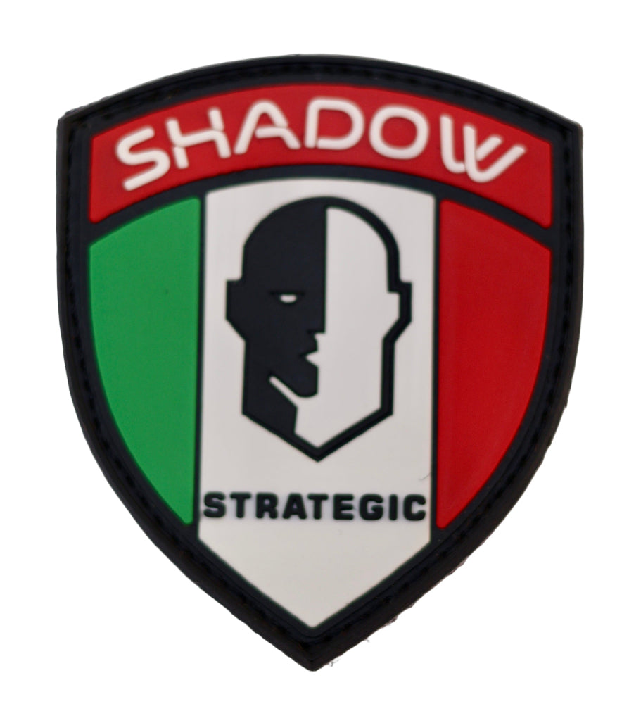 Italy Flag PVC Patch Shield-shaped logo with 'Shadow Strategic' text and a silhouette on a red, green, and white background.