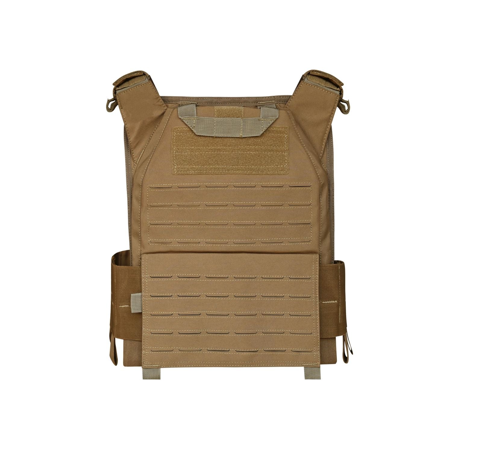 backside view of QRB Buckle brown/Coyote/Sand tactical plate carrier vest with multiple pouches and padding.