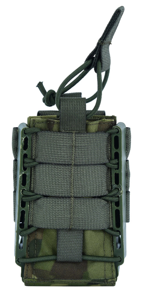 A Green single rapid access magazine pouch with adjustable shock-cord retention and a cordura body.