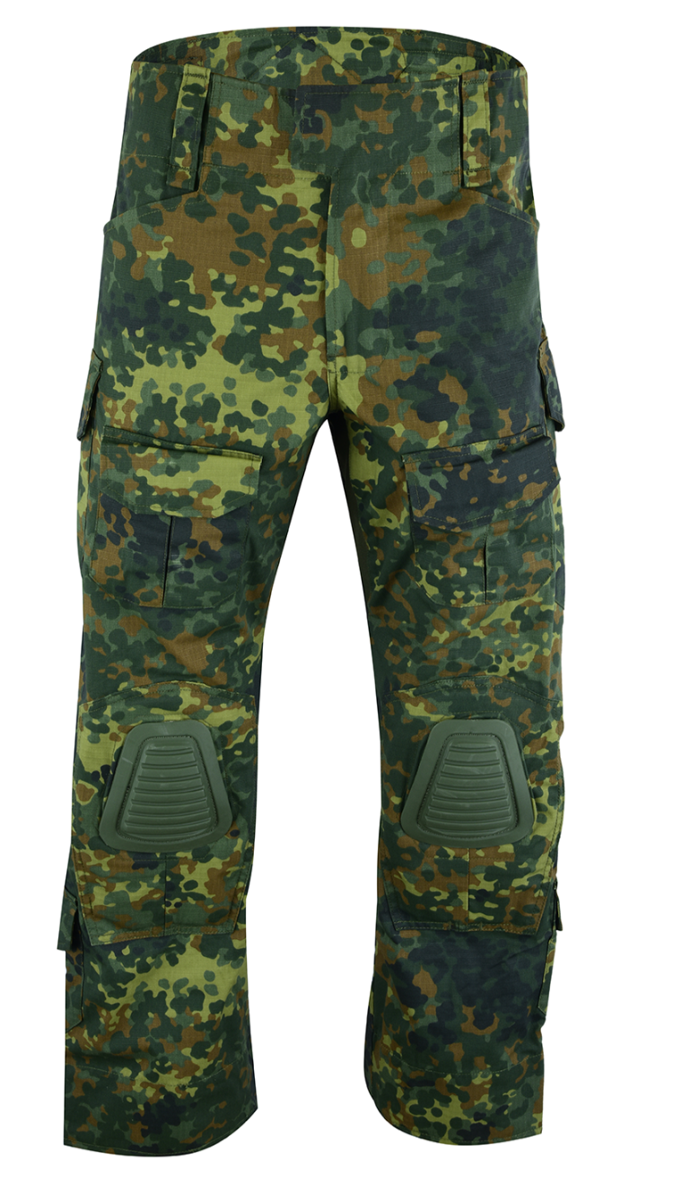 A pair of German Flecktarn camouflage pants with multiple pockets and reinforced stress points, designed for tactical use.