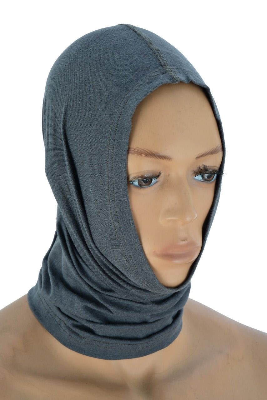 A mannequin head wearing a gray neck gaiter which covers the neck, mouth, and ears.