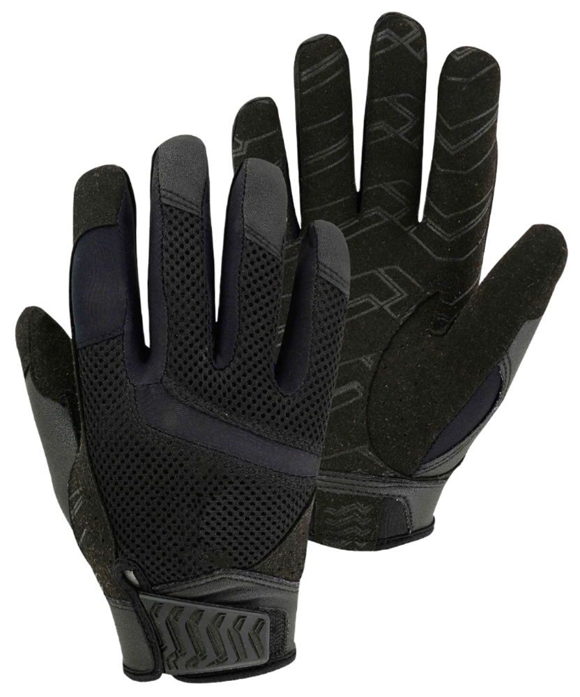 Black tactical shooting gloves with perforated palm and Velcro closure.