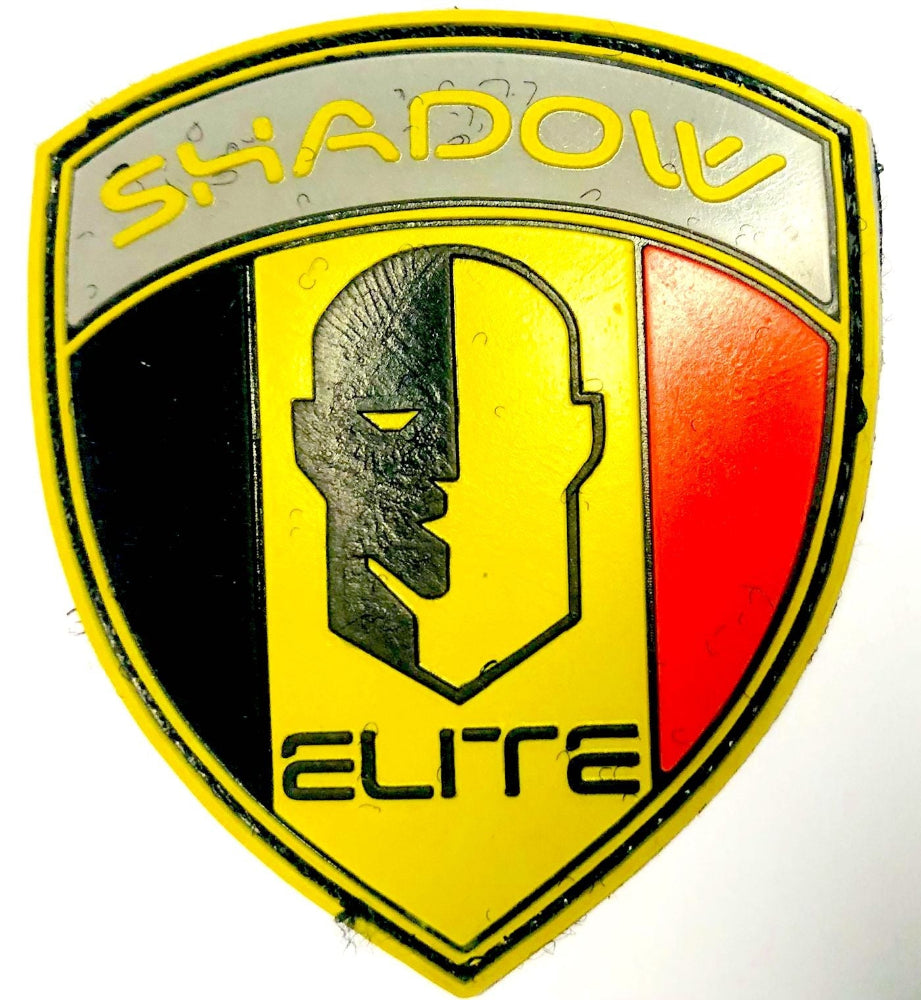 Belgium Flag PVC Patch Shiny badge with 'Shadow Elite' text and Spartan helmet design on a yellow border.