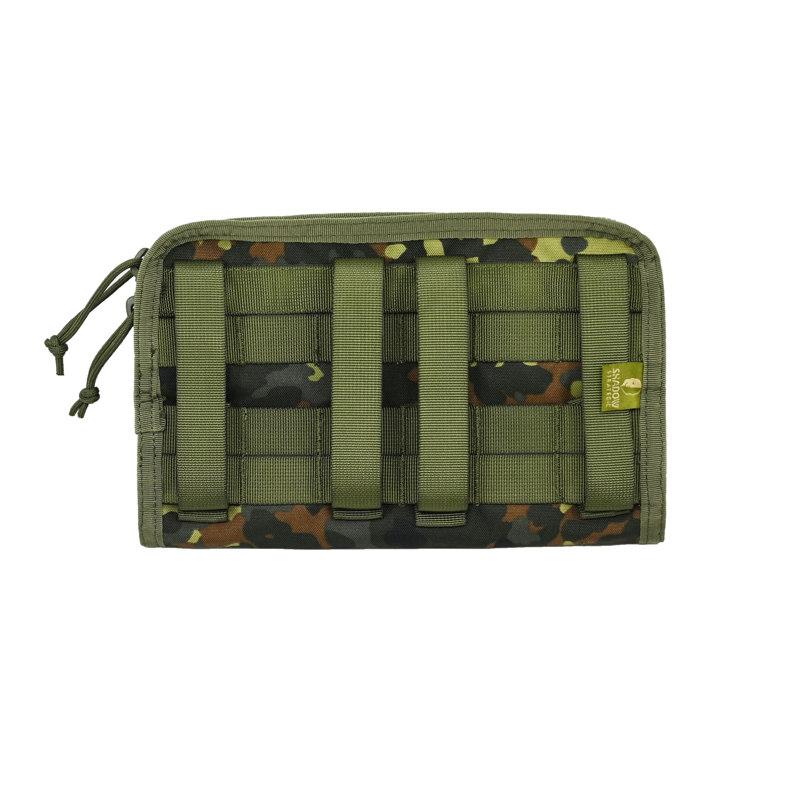 Green tactical pouch with multiple straps on a white background