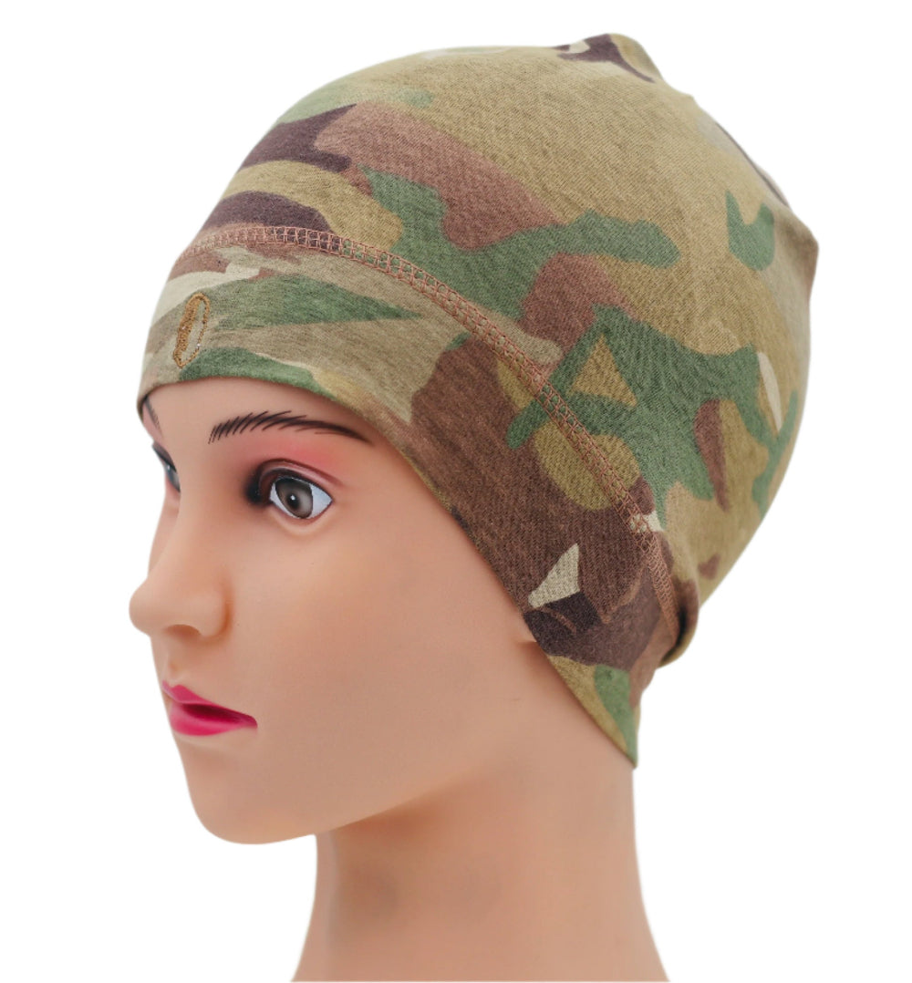 Multicam Camouflage headscarf  / Under helmet Beanie on a mannequin head against a white background.