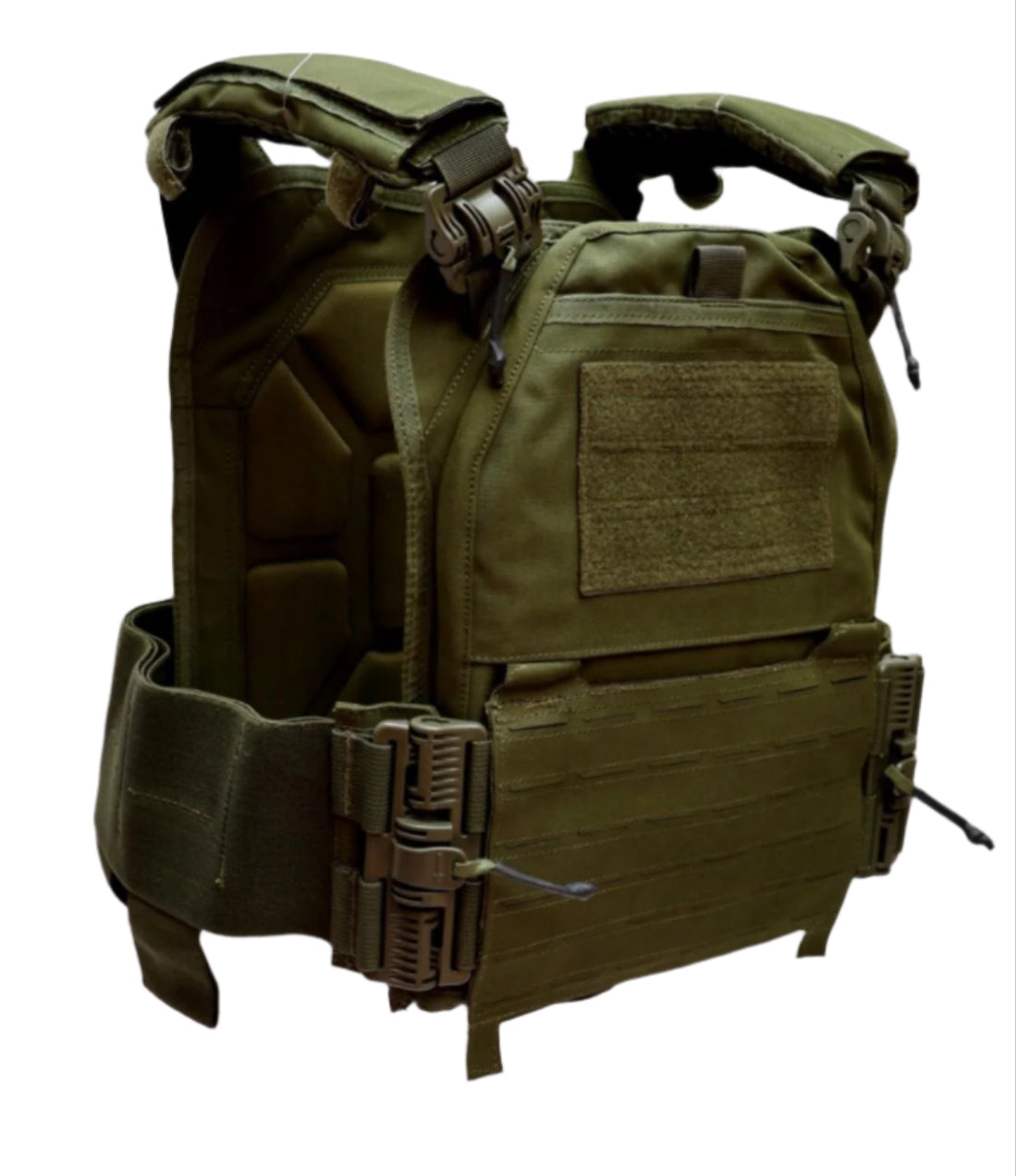 Green tactical vest with multiple pockets and straps on a white background