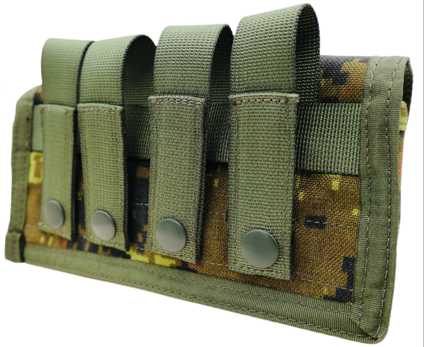 Backside of woodland Digital / Estonian Camo tactical magazine pouch with four magazine slots on a white background