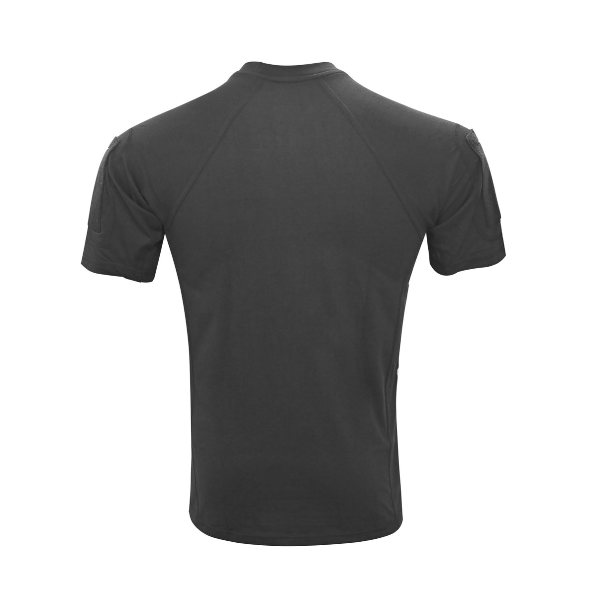 A Black short-sleeve athletic t-shirt shown from the back, featuring a crew neck and raglan sleeves, set against a plain white background.