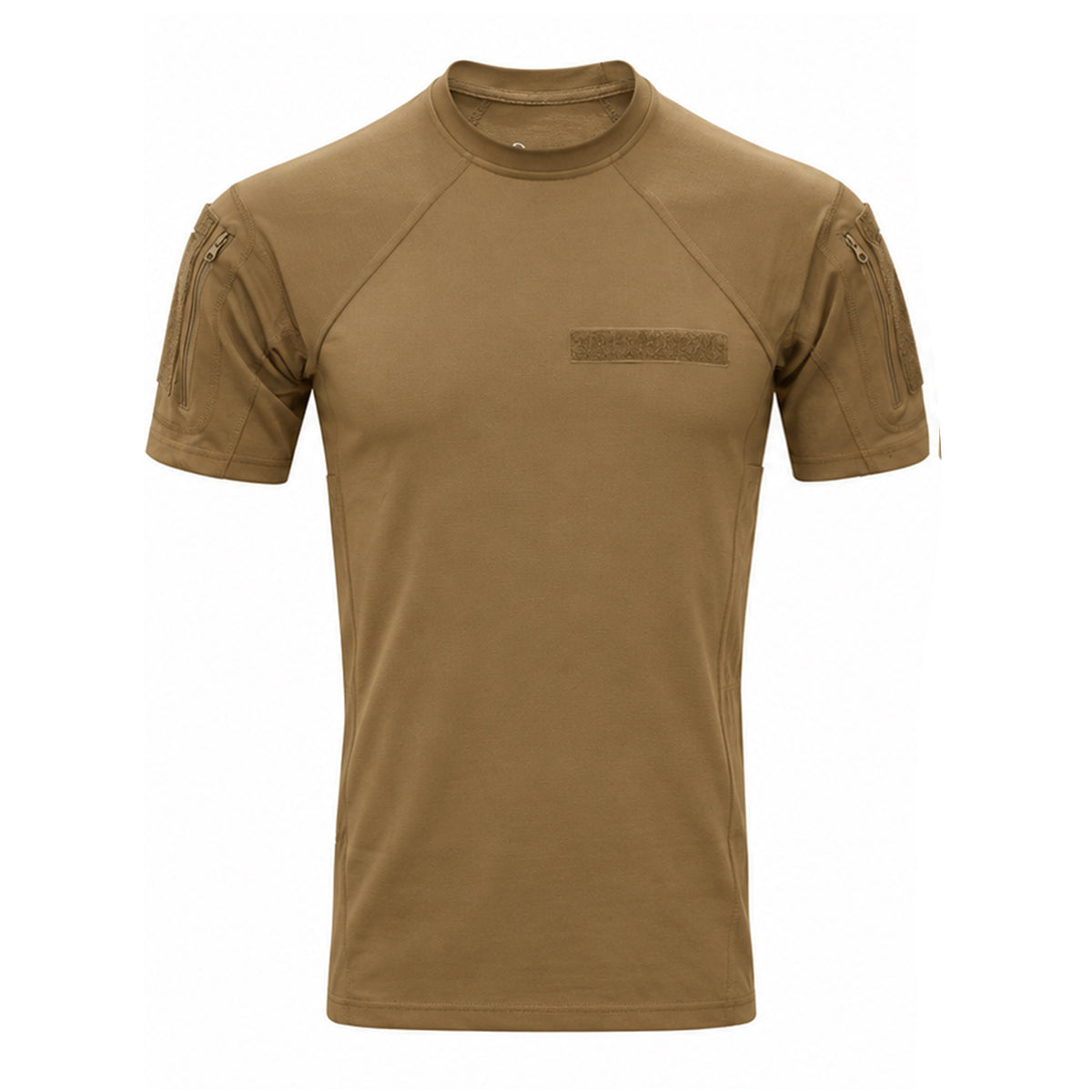 A short-sleeve tactical t-shirt in coyote brown, featuring a crew neck, raglan sleeves, zippered sleeve pockets, and a tonal 'Tactical' logo on the left chest, displayed on a clean white background.