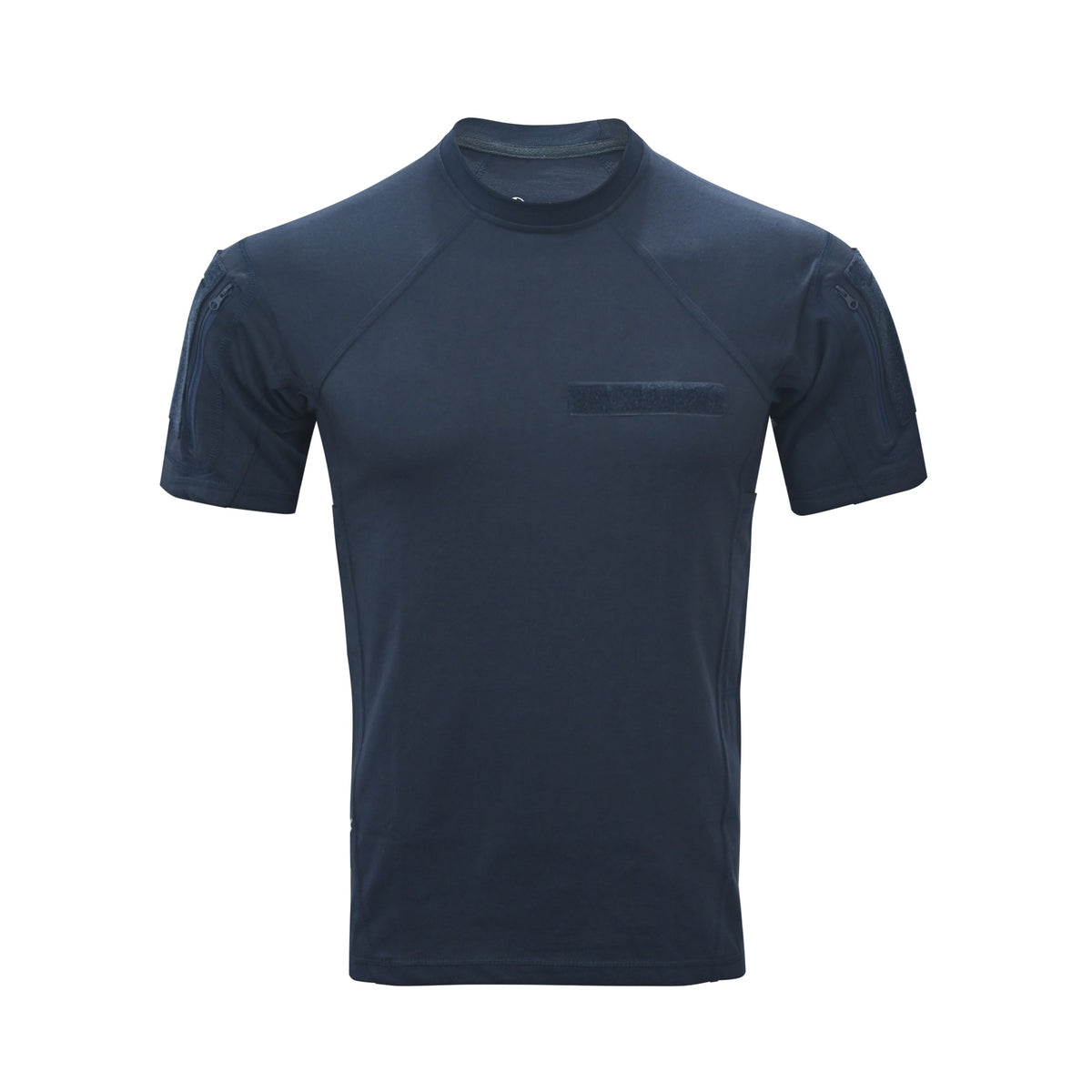 A dark navy blue short-sleeve athletic t-shirt with a crew neck and a tonal brand logo on the left chest, displayed on a clean white background.