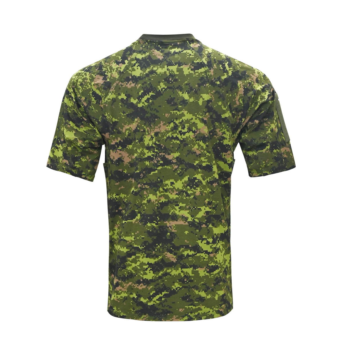A short-sleeve crewneck t-shirt featuring a green Similer to Estonian digital camouflage pattern, shown from the back on a solid white background.